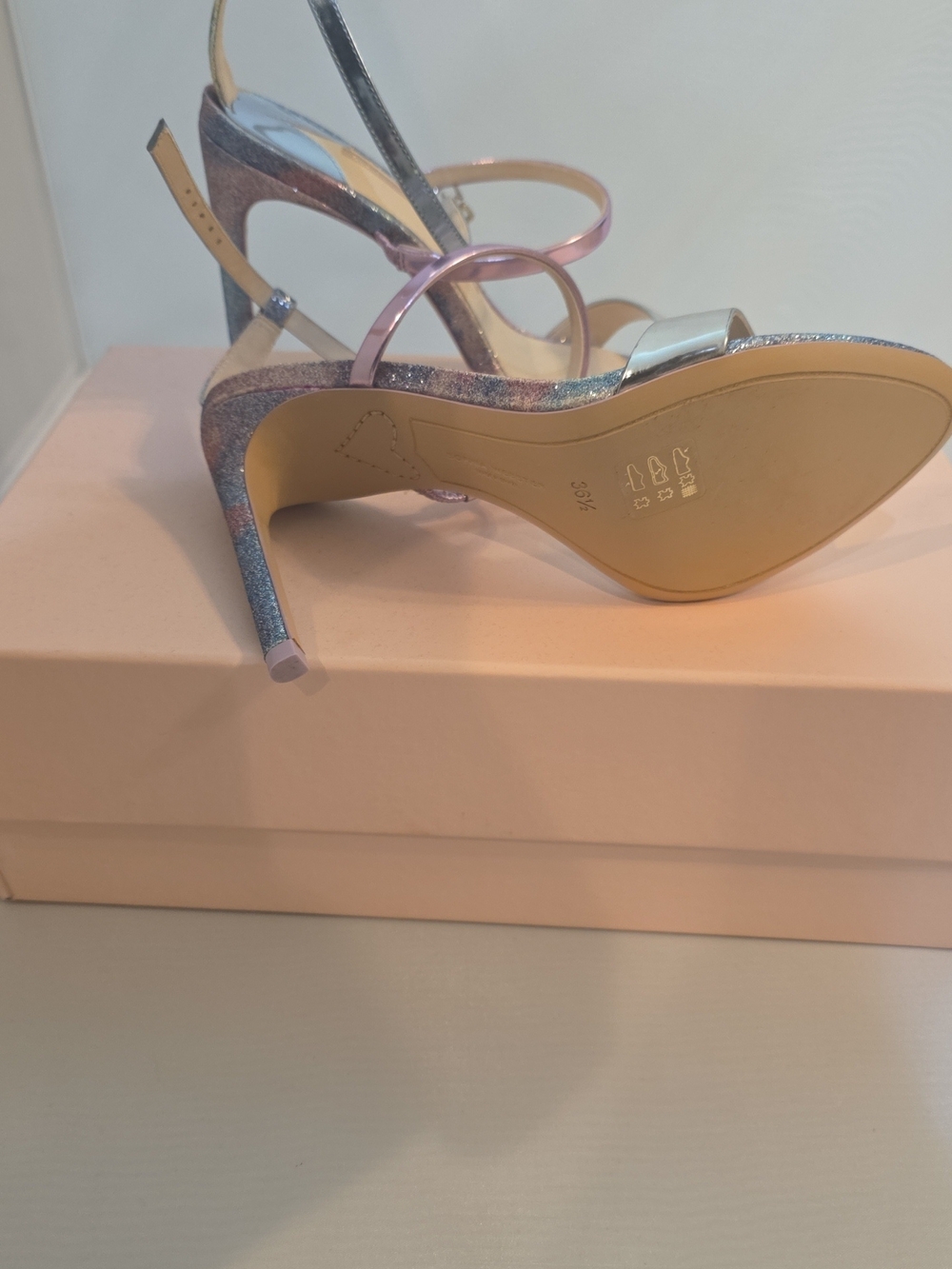 Sophia Webster Iridescent Multi-Color Glitter Strappy Heels with Silver Accents - Picture 2 of 6
